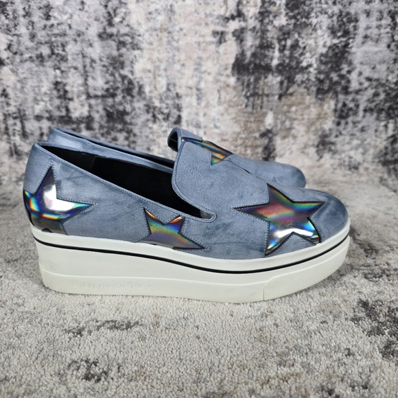 Stella McCartney Women's Binx Star Slip-On Platforms Blue Shine Size 38/8 - Picture 1 of 12